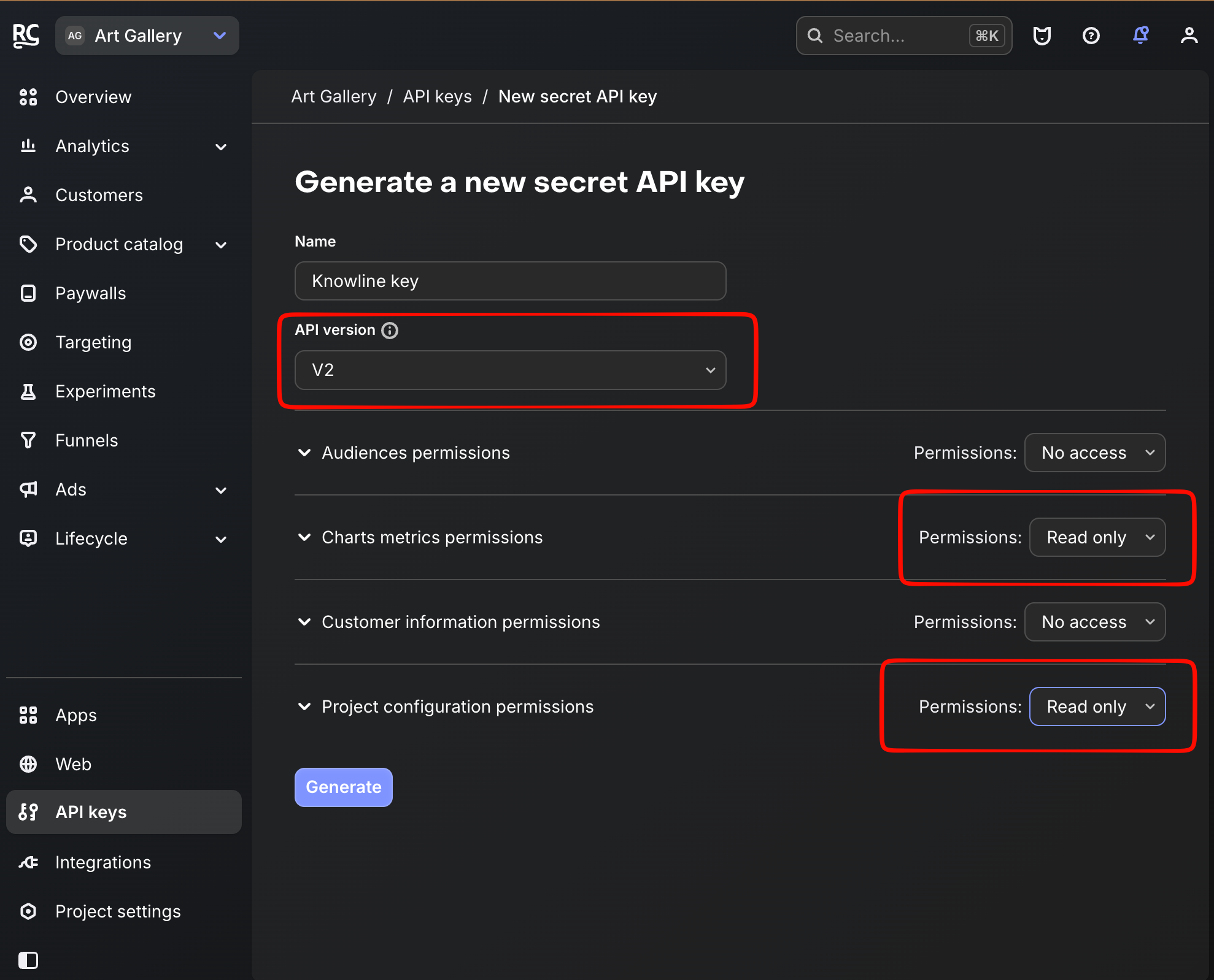RevenueCat new secret API key form showing V2, Charts metrics Read only, and Project configuration Read only