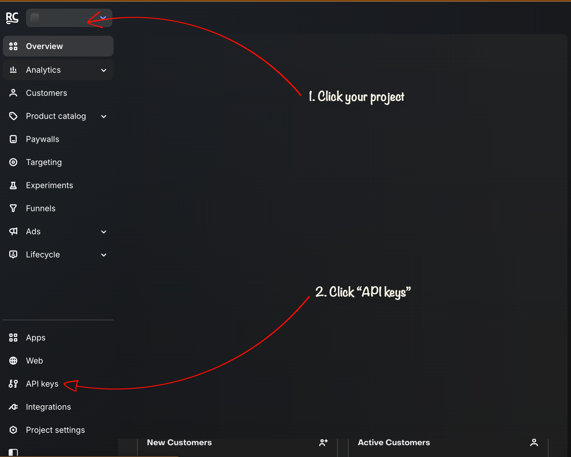 RevenueCat project dashboard with arrows pointing to the project menu and API keys in the sidebar